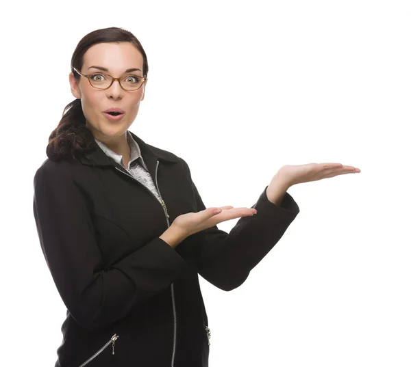 Vertrouwen gemengd ras zakenvrouw gebaren met hand aan de si — Stockfoto