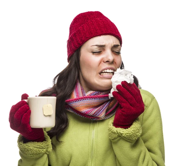 Sick Mixed Race Woman Drinks Hot Tea While Blowing Nose — Stock Photo, Image