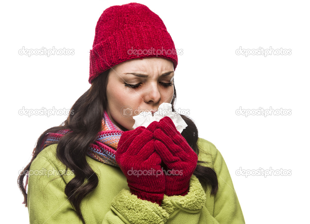 Sick Mixed Race Woman Blowing Her Sore Nose with Tissu