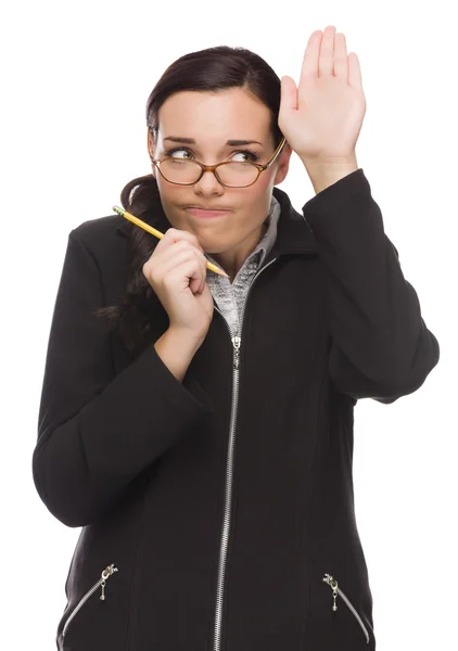 Timid Mixed Race Businesswoman Raises Her Hand to Ask Question — Stock Photo, Image