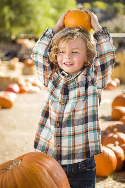 Little Boy Holding His Pumpkin at a Pumpkin Patc — Stock Photo, Image