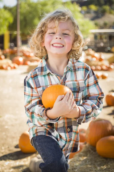 Pequeño niño sosteniendo su calabaza en una calabaza Patc —  Fotos de Stock