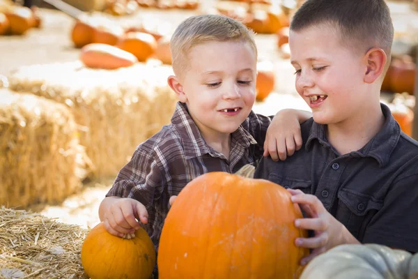 Twee jongens op de pompoen patch praten en met fu — Stockfoto