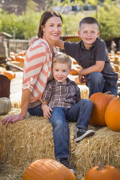 Portrait of Attractive Mother and Her Sons at Pumpkin Patc — Stock Photo, Image