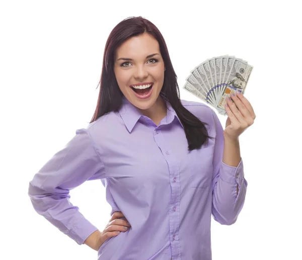 Mixed Race Woman Holding the New One Hundred Dollar Bills — Stock Photo, Image