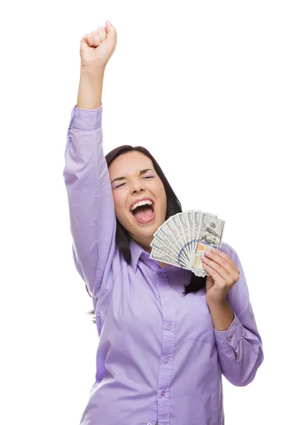 Μικτή φυλή γυναίκα που κρατά το νέο εκατό δολαρίων λογαριασμούς — Φωτογραφία Αρχείου