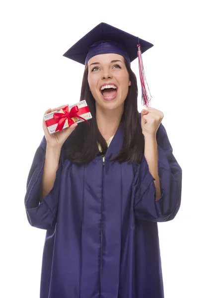 Feminino Graduado Segurando Pilha de Presente Envolvido 100 Dólar Bil — Fotografia de Stock