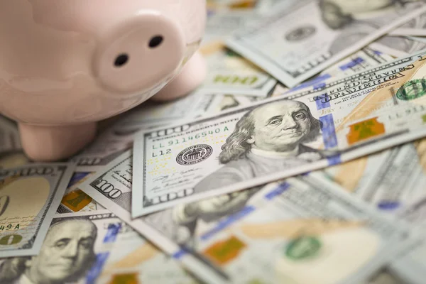 Piggy Bank en billetes de cien dólares recién diseñados —  Fotos de Stock