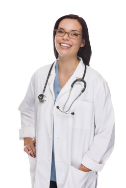 Mixed Race Female Nurse or Doctor Wearing Scrubs and Stethoscope