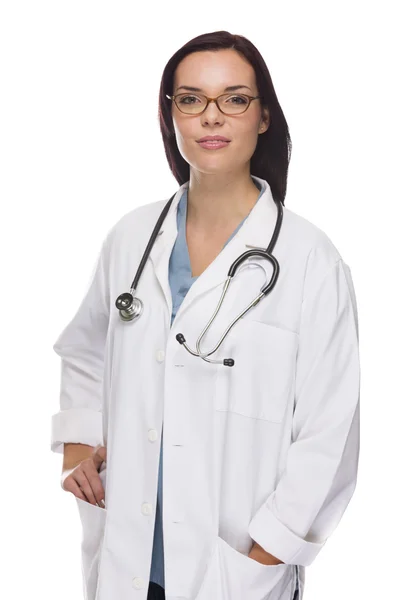 Enfermera o médico de raza mixta que usa exfoliantes y estetoscopio —  Fotos de Stock