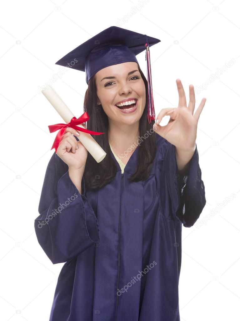 Mixed Race Graduate in Cap and Gown Holding Her Diplom