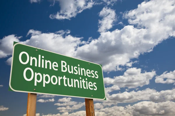 Online Business Opportunities Green Road Sign and Clouds — Stok fotoğraf