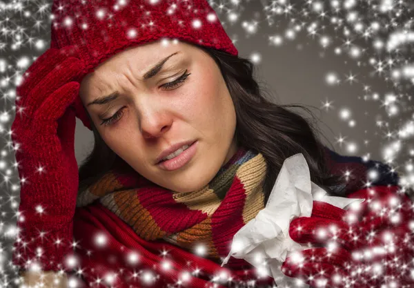 Sick Woman with Tissue and Snow Effect Surrounding — Stock Photo, Image