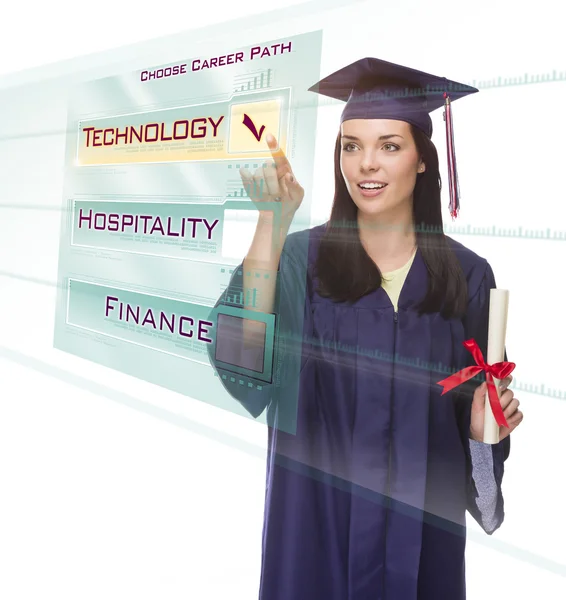 Młoda kobieta absolwent wybierając przycisk technologia półprzezroczyste — Zdjęcie stockowe