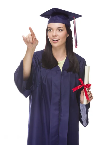 Graduada femenina pulsando el botón en blanco en el panel con sala de copia — Foto de Stock