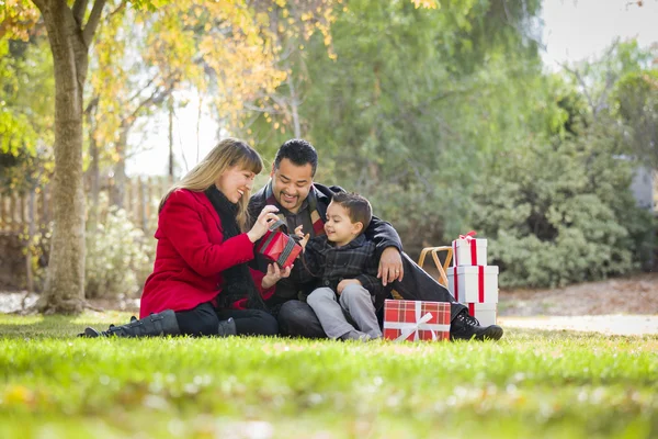 Karışık ırk aile Noel hediyeleri parkta beraber zevk — Stok fotoğraf