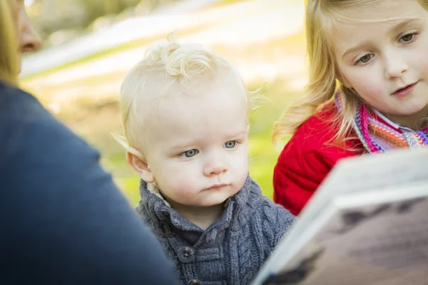 Anne iki sevimli sarışın çocuğu Park için bir kitap okuma — Stok fotoğraf