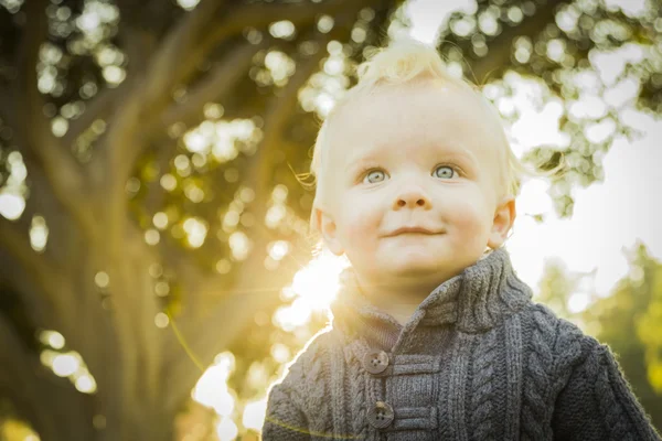 Bedårande blond pojke utomhus i parken — Stockfoto