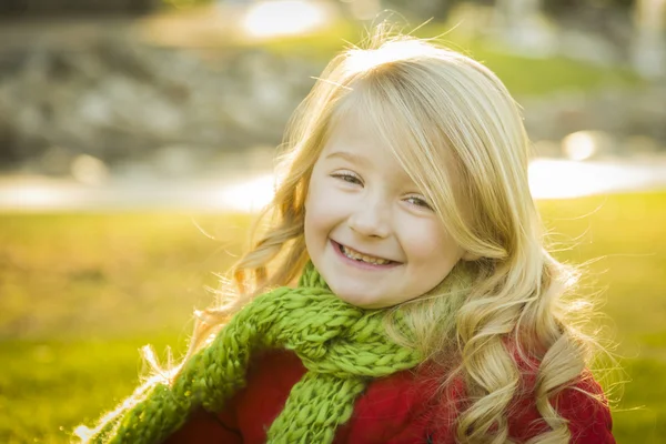 Маленькая девочка в зимнем пальто и шарфе в парке — стоковое фото