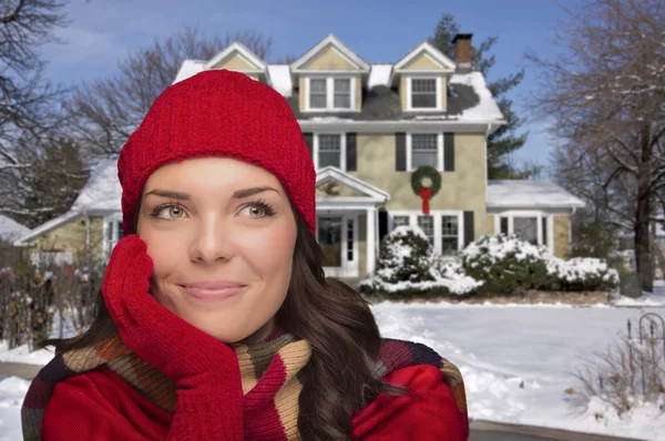 Smiling Mixed Race Woman in Winter Clothing Outside in Snow — Stock Photo, Image