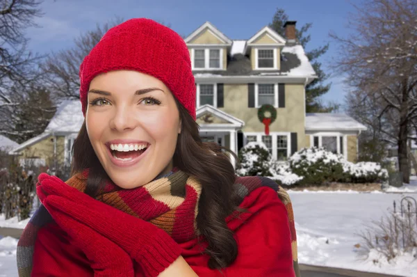 Smiling Mixed Race Woman in Winter Clothing Outside in Snow — Stock Photo, Image