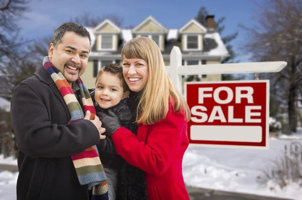 Mixed Race Family, Home, For Sale Real Estate Sign — Stock Photo, Image