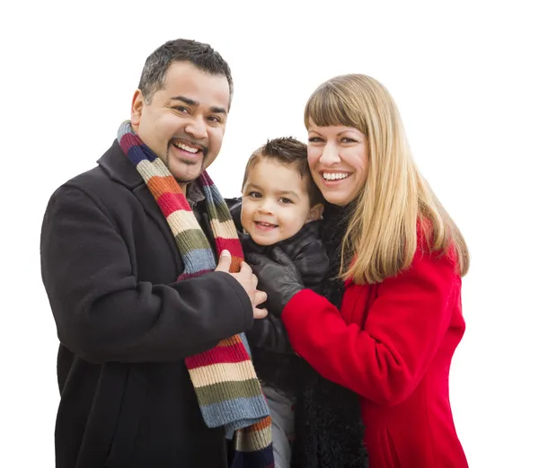 Familia feliz joven de raza mixta aislada en blanco —  Fotos de Stock