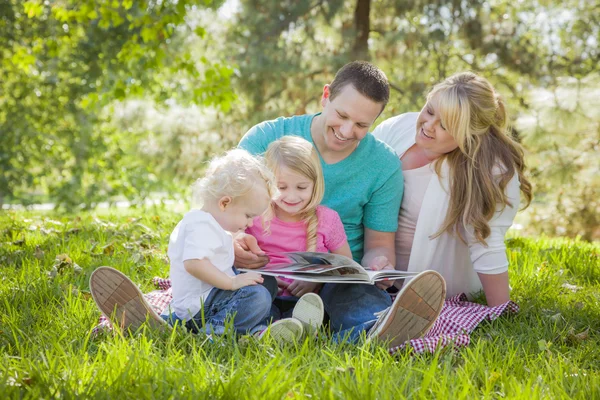 Молодая семья наслаждается чтением книги в парке — стоковое фото