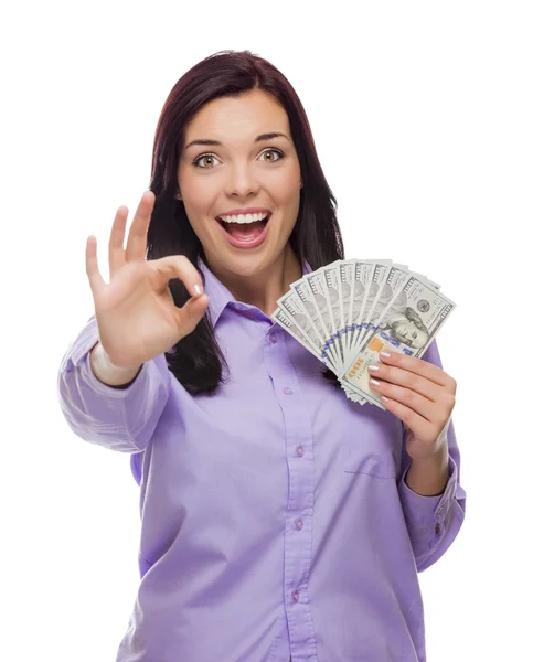 Gemengd ras vrouw met de nieuwe honderd-dollarbiljetten — Stockfoto