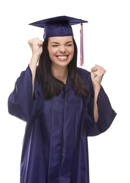 Excited Mixed Race Graduate in Cap and Gown Cheering — Stock Photo, Image