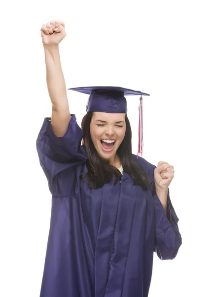 Izgatott kevert diplomás a kupakot és a ruháját éljenzés — Stock Fotó