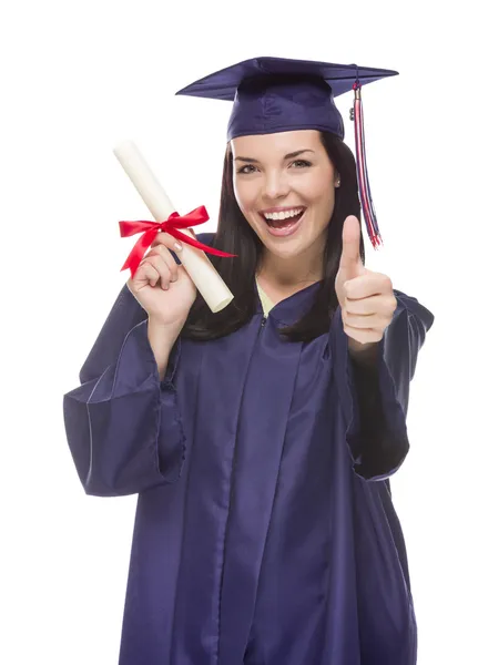 Mixte Diplômée en casquette et robe détenant son diplôme — Photo