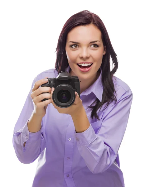 Jovem de raça mista atraente com câmera DSLR em branco — Fotografia de Stock