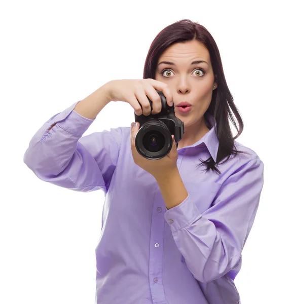 Attractive Mixed Race Young woman With DSLR Camera on White — Stock Photo, Image