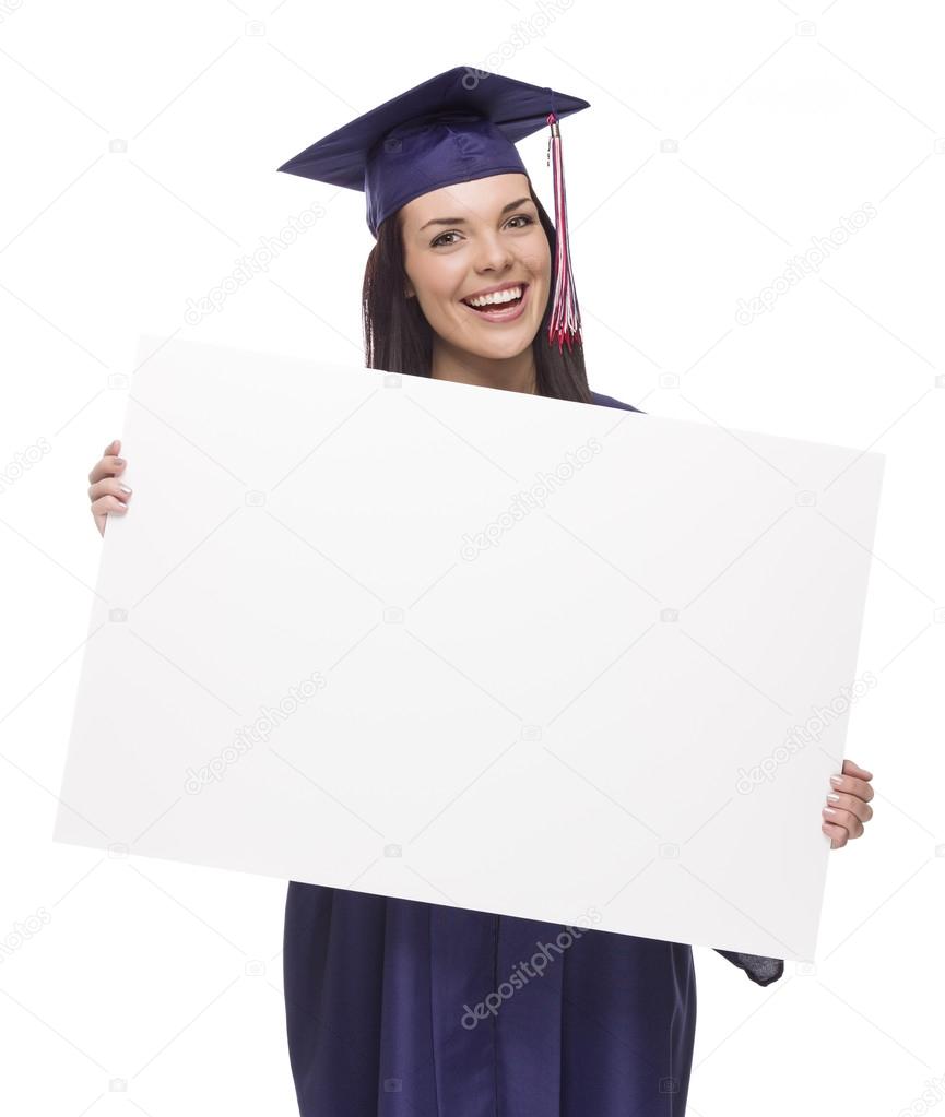 Female Graduate in Cap and Gown Holding Blank Sign
