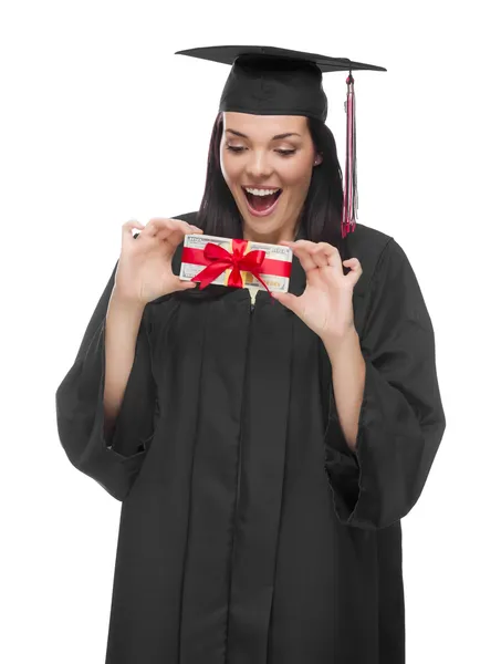 Vrouwelijke afgestudeerde houden stapel geschenk verpakt honderd dollar bil — Stockfoto