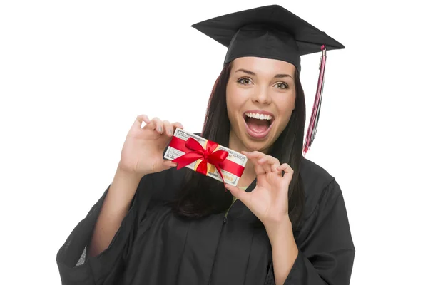 Female Graduate Holding Stack of Gift Wrapped Hundred Dollar Bil — Stock Photo, Image