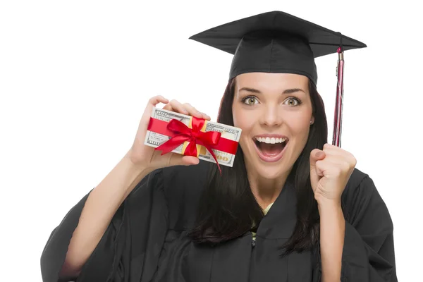 Female Graduate Holding Stack of Gift Wrapped Hundred Dollar Bil — Stock Photo, Image