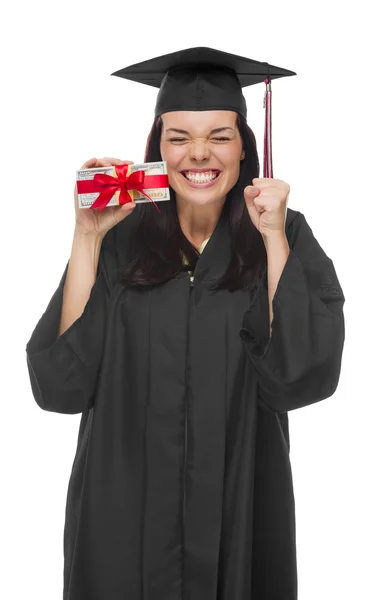 Feminino Graduado Segurando Pilha de Presente Envolvido 100 Dólar Bil — Fotografia de Stock