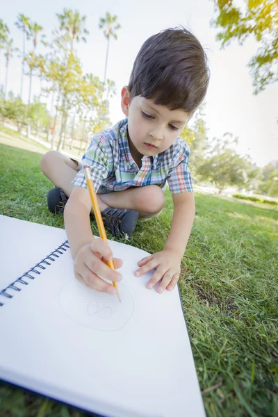 Netter kleiner Junge zeichnet draußen auf dem Gras — Stockfoto