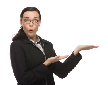Surprised Mixed Race Businesswoman Gesturing with Hand to the Si clipart