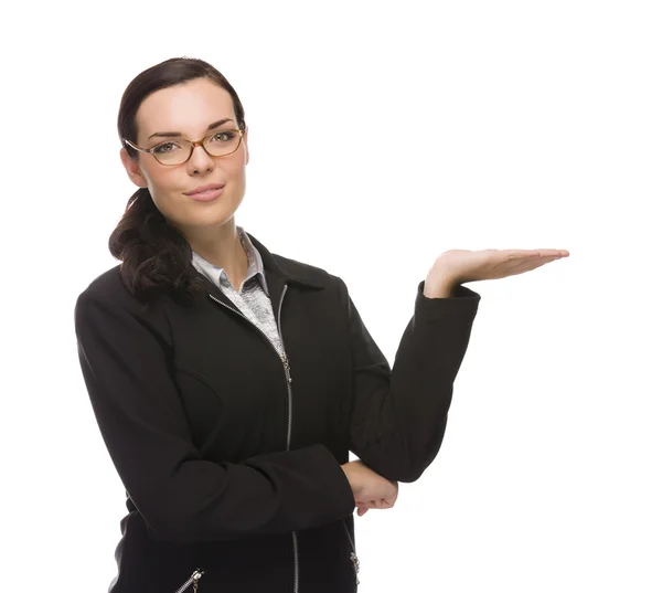 Confident Mixed Race Businesswoman Gesturing with Hand to the Si — Stock Photo, Image