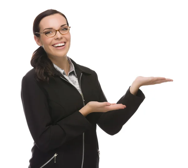 Confident Mixed Race Businesswoman Gesturing with Hand to the Si — Stock Photo, Image