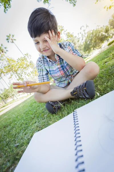 Gefrustreerd schattige jonge jongen houden potlood zittend op het gras — Stockfoto