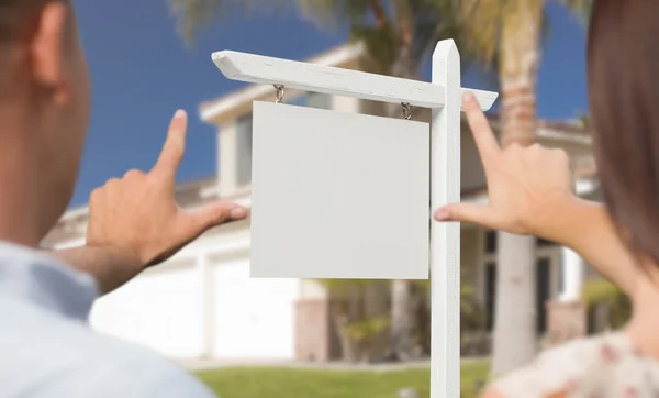 Blank Real Estate Sign, House and Military Couple Framing Hands — Stock Photo, Image