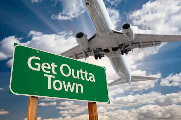 Get Outta Town Green Road Sign Dramatic Clouds Sky — Stock Photo, Image