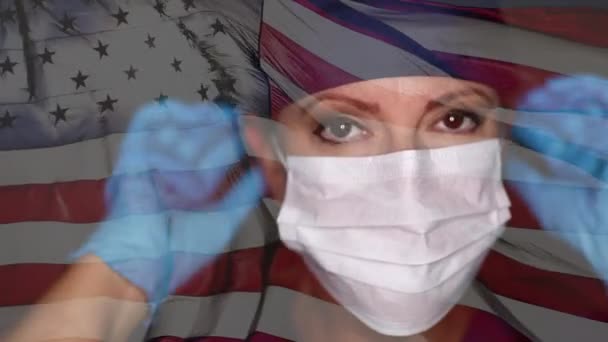 Kvinna Läkare Eller Sjuksköterska Sätta Medicinsk Ansiktsmask Kombination Med Ghosted — Stockvideo