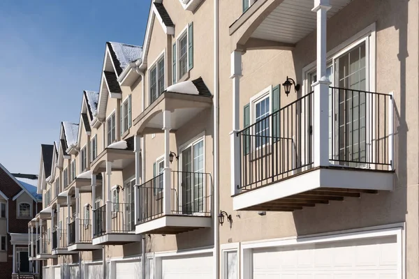 Row Apartment Condominiums Balconies Garage Doors — стоковое фото