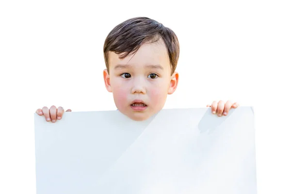 Chinese Caucasian Boy Holding Blank Poster Board Isolated White Background — Fotografia de Stock