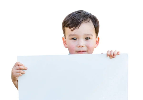 Chinese Caucasian Boy Holding Blank Poster Board Isolated White Background — Stock Photo, Image